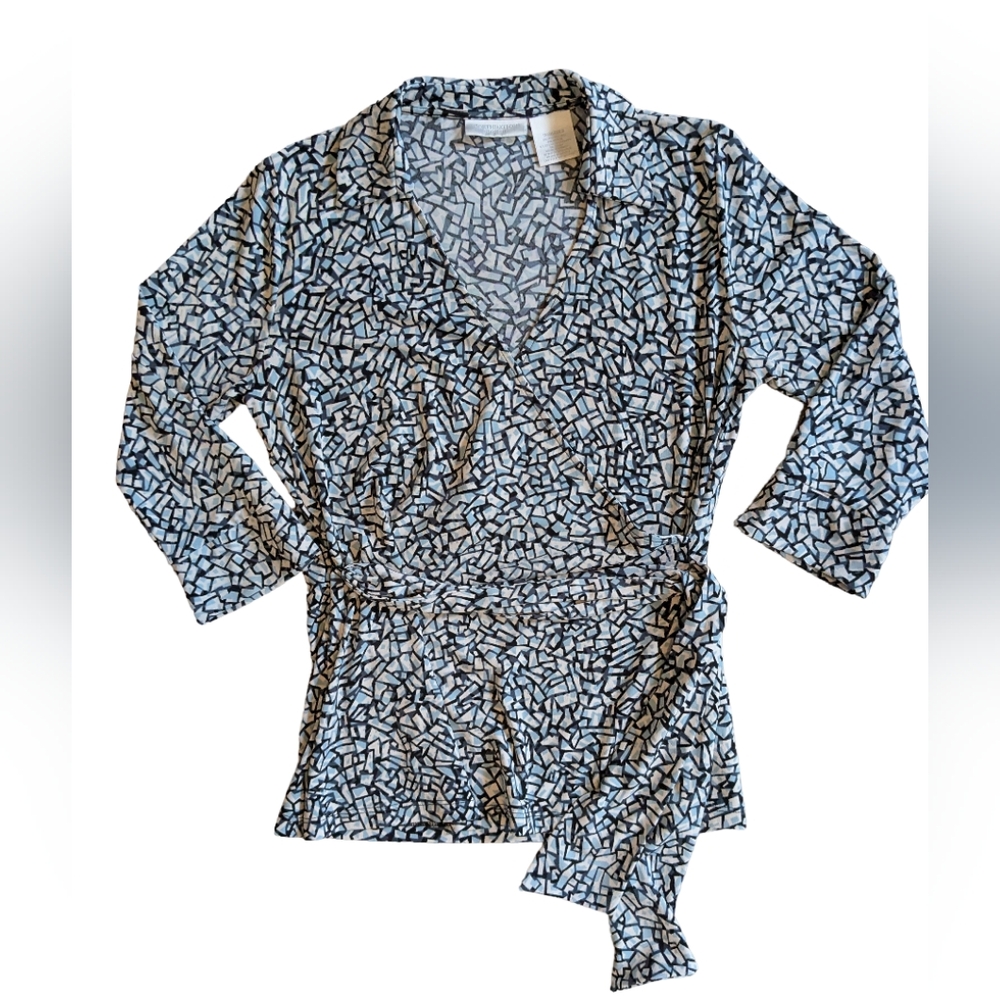 Worthington Strech All Over Geometric Print Light Blue White Black Wrap Blouse S